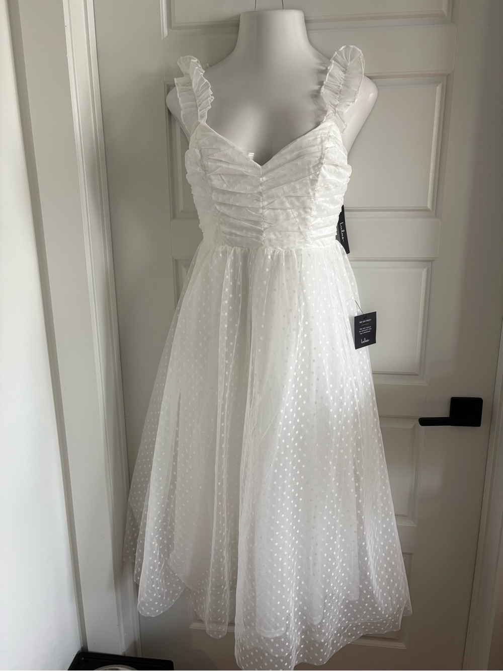 Lulu's White Swiss Dot Ruffled Strap Midi Dress